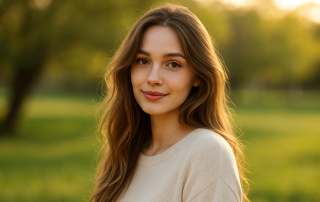 Young woman with wavy hair smiling softly in golden sunlight during a peaceful outdoor portrait session
