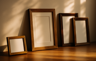 Wooden picture frames with printed photos displayed on a neutral wall, softly lit by natural sunlight