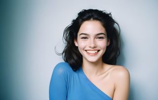 Smiling young woman with dark hair in a blue off-shoulder top, standing against a soft blue-gray background, captured in bright, even light.